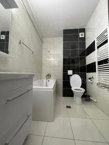 a bathroom with a toilet and a sink and a bath tub at River Place Apartment - Iulius Mall in Iaşi