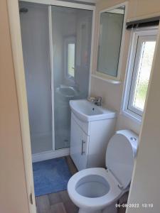 uma casa de banho com um WC, um lavatório e um chuveiro em mini-camping 't Bergje em Serooskerke