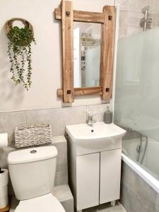 a bathroom with a toilet and a sink and a mirror at Rosa House in Darlington