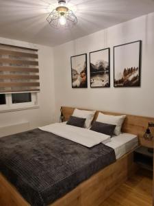 ein Schlafzimmer mit einem großen Bett mit vier Bildern an der Wand in der Unterkunft LUMI apartments Jahorina L5 A19 in Jahorina