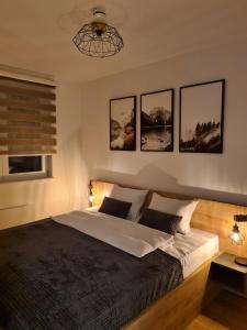 ein Schlafzimmer mit einem Bett mit vier Bildern an der Wand in der Unterkunft LUMI apartments Jahorina L5 A19 in Jahorina