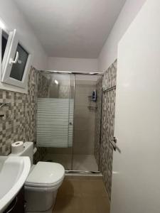uma casa de banho com um chuveiro, um WC e um lavatório. em The Love Nest at Central Athens Kolonaki em Atenas