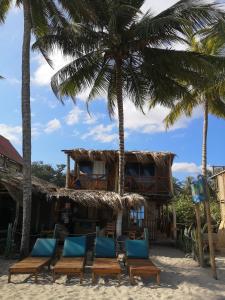 ośrodek wypoczynkowy na plaży z leżakami i palmami w obiekcie Palmarío Hostal w mieście Guachaca