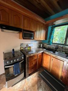 a kitchen with wooden cabinets and a stove top oven at TucanTico Lodge - Monteverde in Monteverde Costa Rica +24 photos