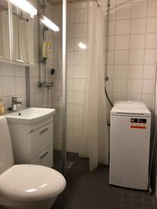 a bathroom with a toilet and a sink and a shower at Spacious 3 room flat with balcony at City Center in Kerava