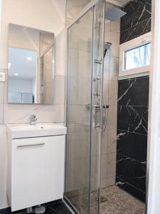 La salle de bains est pourvue d'une douche et d'un lavabo. dans l'établissement Grande maison rénovée au calme aux portes de Paris, à Romainville