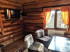 ein Esszimmer mit 2 Stühlen, einem Tisch und einem TV in der Unterkunft Vasanna in Kossiw