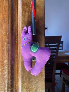 a purple stuffed animal is hanging on a door at Happy Place in San Cristóbal de Las Casas