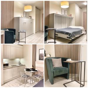 a room with a bed and a table and a chair at Apartament Pod Wyciągiem - Czarna Góra Resort & SPA in Sienna +22 photos