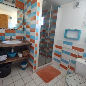 un bagno con doccia, lavandino e WC di CHALET DE L'EPINETTE a Plourhan