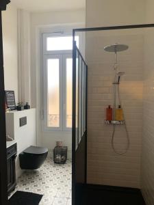 łazienka z prysznicem, toaletą i oknem w obiekcie L Oôte appart w Épernay