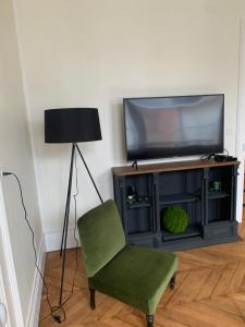 salon z telewizorem i zielonym krzesłem w obiekcie L Oôte appart w Épernay