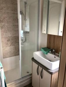 y baño con lavabo y ducha. en Seaview Park Premium Static Caravan Whitstable, en Whitstable