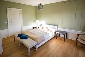 a bedroom with a bed with two blue bags on it at Chambres le Cèdre lezoux in Lezoux