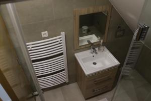 uma pequena casa de banho com um lavatório e um espelho em Apartmani Vlašić-Petrol em Travnik