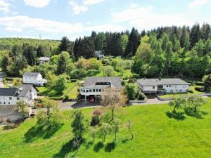 an aerial view of a house with a green field at Haus Im Wald 