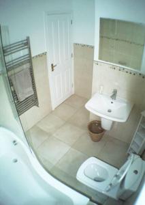 een badkamer met een wastafel, een toilet en een spiegel bij Harbour View House in Ballycastle
