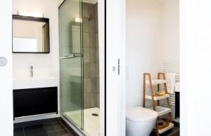 a bathroom with a glass shower and a toilet at Duplex lumineux et spacieux in Nice +15 photos