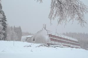 Ramzová Pod Klínem في أوستروزنا: مبنى مغطى بالثلج امام غابة