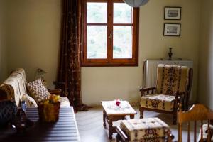 Elle comprend un salon doté de meubles et d'une fenêtre. dans l'établissement Traditional cozy residence in Lafkos, Pelion, à Lafkos
