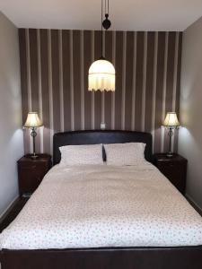 - une chambre avec un grand lit et deux lampes dans l'établissement Villa apartment with private garden near the beach, à Drepano