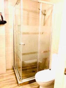 Un baño con inodoro y ducha de cristal. en Park residence, en Bakuriani