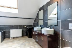 a bathroom with two sinks and a mirror at Le 48-GregIMMO-Appart'Hôtel in Montbéliard