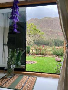 a window with a view of a garden at Sonqo Andino Hospedaje Medicina - La Rinconada in Pisac