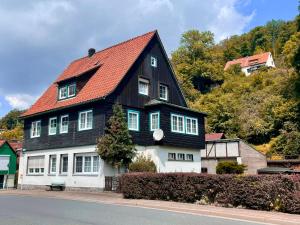a black and white house with a red roof at Cozy Apartment in Altenbrak