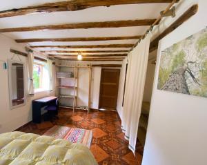 Zimmer mit einem Bett und einem Wandgemälde in der Unterkunft Sonqo Andino Hospedaje Medicina - La Rinconada in Pisac