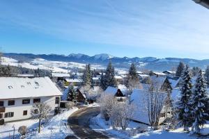 a town covered in snow with mountains in the background at Ferienwohnung im Allgäu mit Bergsicht in Oberreute