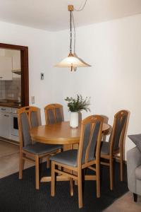 a wooden dining room table with chairs and a potted plant at Ferienwohnung im Allgäu mit Bergsicht in Oberreute