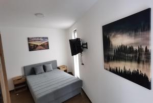 um quarto com uma cama e uma fotografia na parede em Borovi 2 Divcibare/apartman 7 em Divčibare
