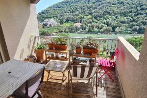 einen Balkon mit Stühlen und einem Tisch mit Topfpflanzen in der Unterkunft Cap Corse : Très bel appartement en bord de mer in Santa-Maria-di-Lota