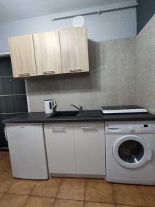 eine Küche mit einer Spüle und einer Waschmaschine in der Unterkunft 3030 Jana Spychalskiego 32 - Tanie Pokoje w Apartamencie - samodzielne zameldowanie - self check in in Posen