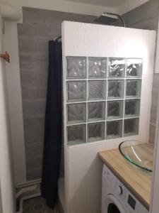 a bathroom with a sink and a glass wall at APPARTEMENT AVEC TERRASSE SUR LE PORT in Fécamp +2 photos