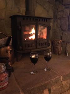 two glasses of red wine in front of a fireplace at Seaview Cottage in Bridlington