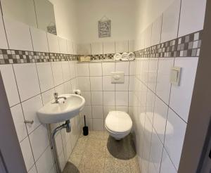 a white bathroom with a toilet and a sink at Zeester - Wijk de Brabander 91 in Cadzand