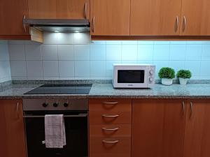 a kitchen with a stove and a microwave at Garajau Terrace Adventure-Pool and Free Parking in Caniço