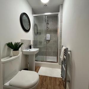 uma casa de banho com um chuveiro, um WC e um lavatório. em Modern Apartment in Central Lincoln em Lincoln