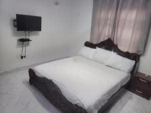 a bedroom with a bed and a television in a room at BENJI'S VILLA in Kumasi
