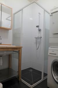 eine Dusche im Bad mit einer Waschmaschine in der Unterkunft Orka - Wijk de Brabander 93 in Cadzand