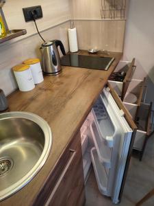 uma cozinha com um lavatório e uma bancada em Tim 135 Konaci-Angella Centar em Kopaonik