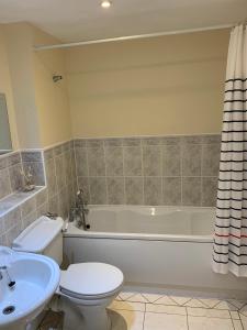 a bathroom with a toilet and a tub and a sink at Fabulously located Marina apartment - marina views in Pevensey