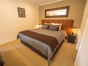 a bedroom with a large bed and a mirror at Maruia River Retreat in Shenandoah