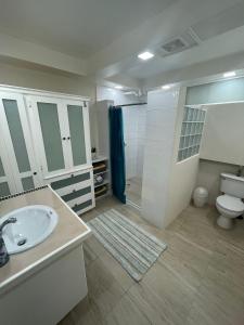 a bathroom with a sink and a toilet at Scarlett Studios - Holiday-Business-US Embassy Appt 7 mins drive away - The one night only rate includes Airport and Embassy transportation in Bridgetown