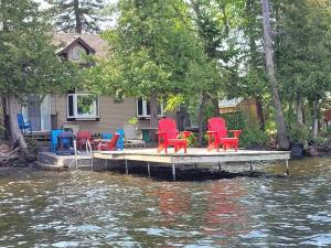 a house with chairs on a dock in the water at Rustic Pines Waterfront Cottage *CLEAR WATER* in Fenelon Falls