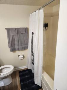 a bathroom with a shower and a toilet and towels at Lovely 2 Bedroom Condo with Pool in Chapel Hill