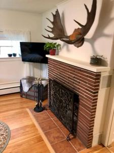 a living room with a fireplace with a deer head on the wall at 1915 Coastal Historical Log Home #1 Spot Downtown! in Anchorage
