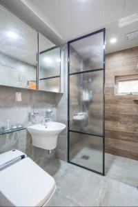 W łazience znajduje się prysznic, toaleta i umywalka. w obiekcie Mino House w mieście Czedżu
